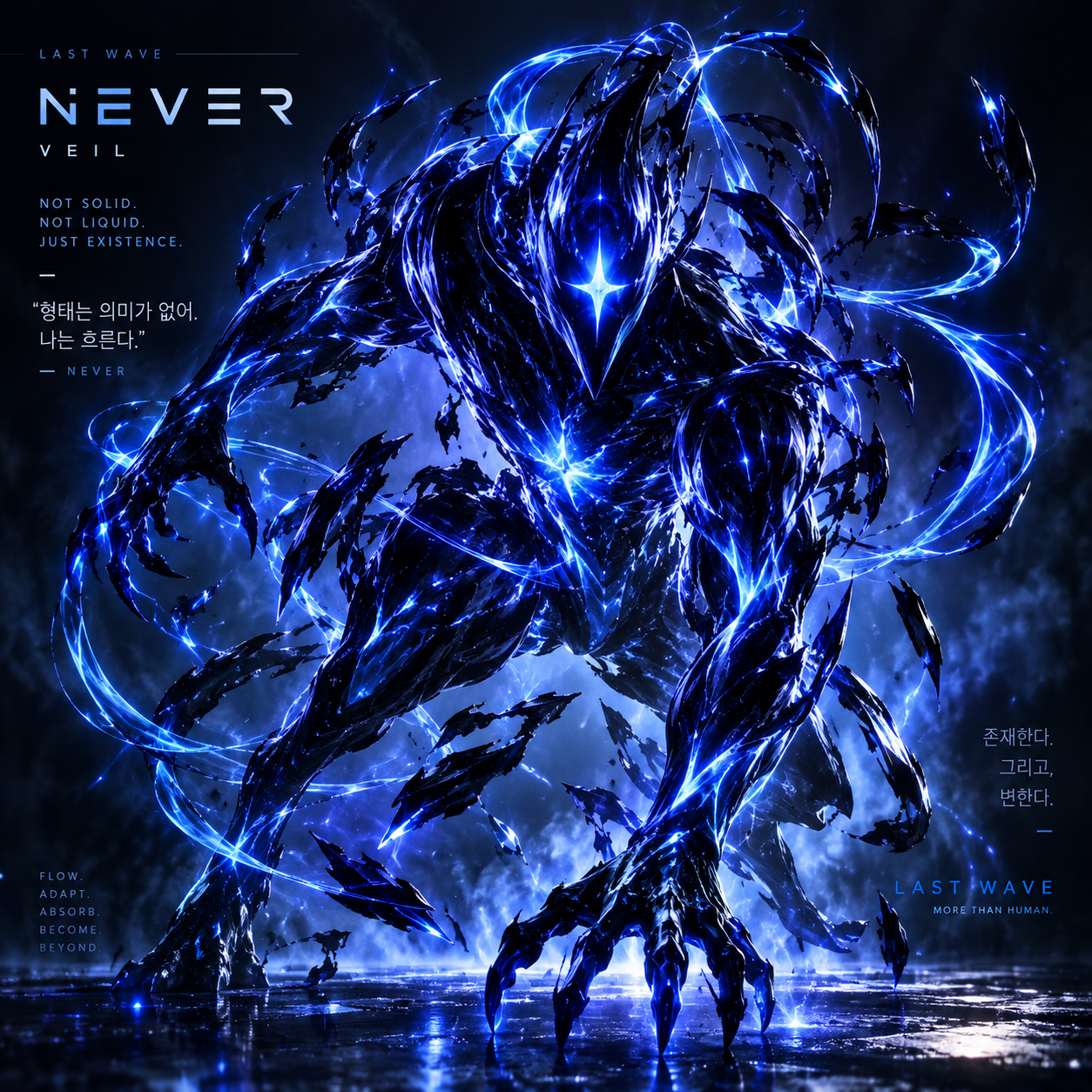 Never concept art: a flowing black form threaded with blue light